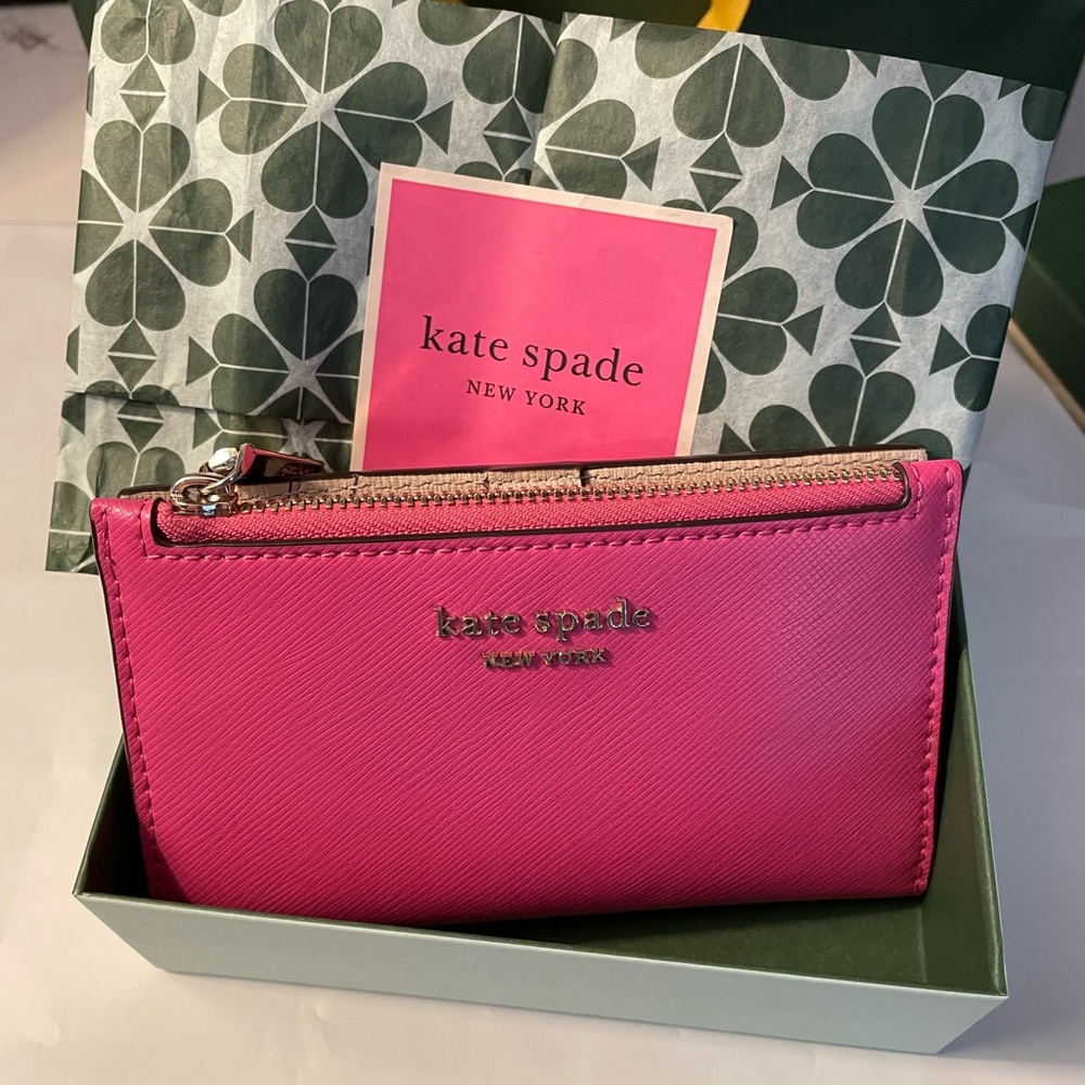 KATE SPADE Bright Pink 6 Gusset + 3 pockets + ID Holder Wallet w Gold Hardware.